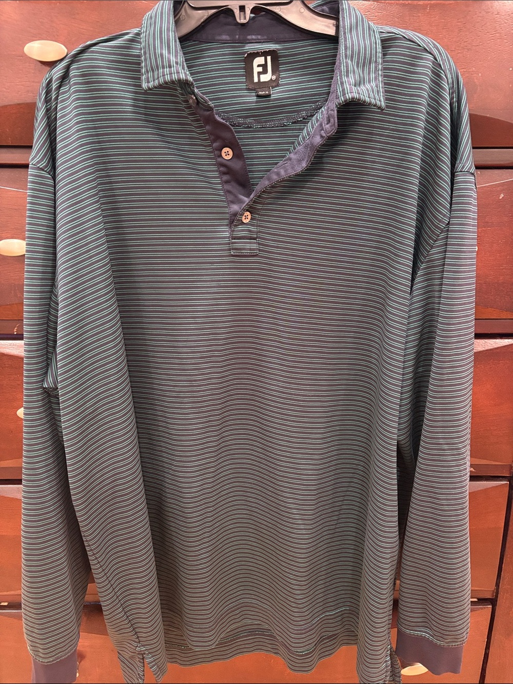 FootJoy Men’s Long-Sleeve Striped Polo Shirt - green and navy